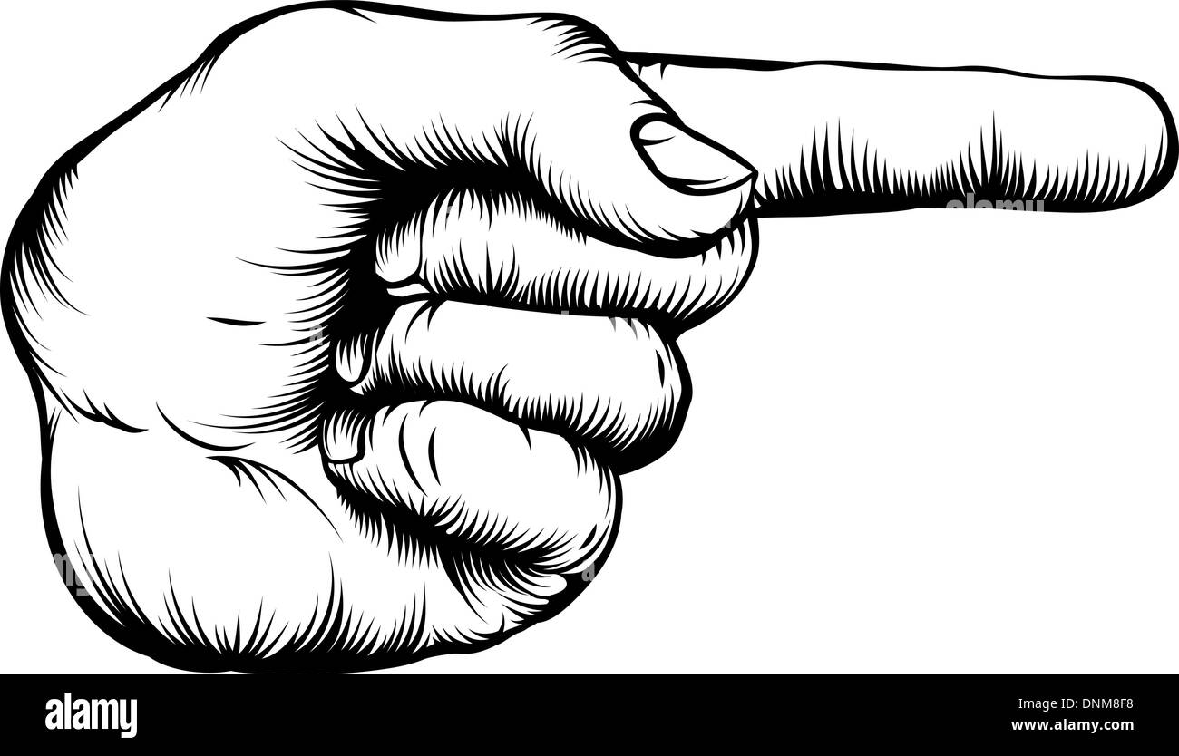 Illustration of a hand indicating or showing direction by pointing a finger in a retro woodblock style Stock Vector