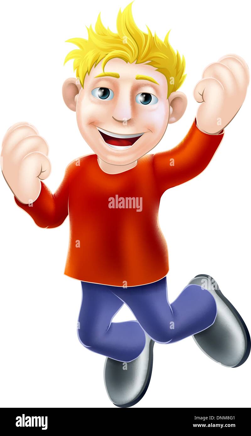 A cartoon casually dressed man happily jumping in the air Stock Vector