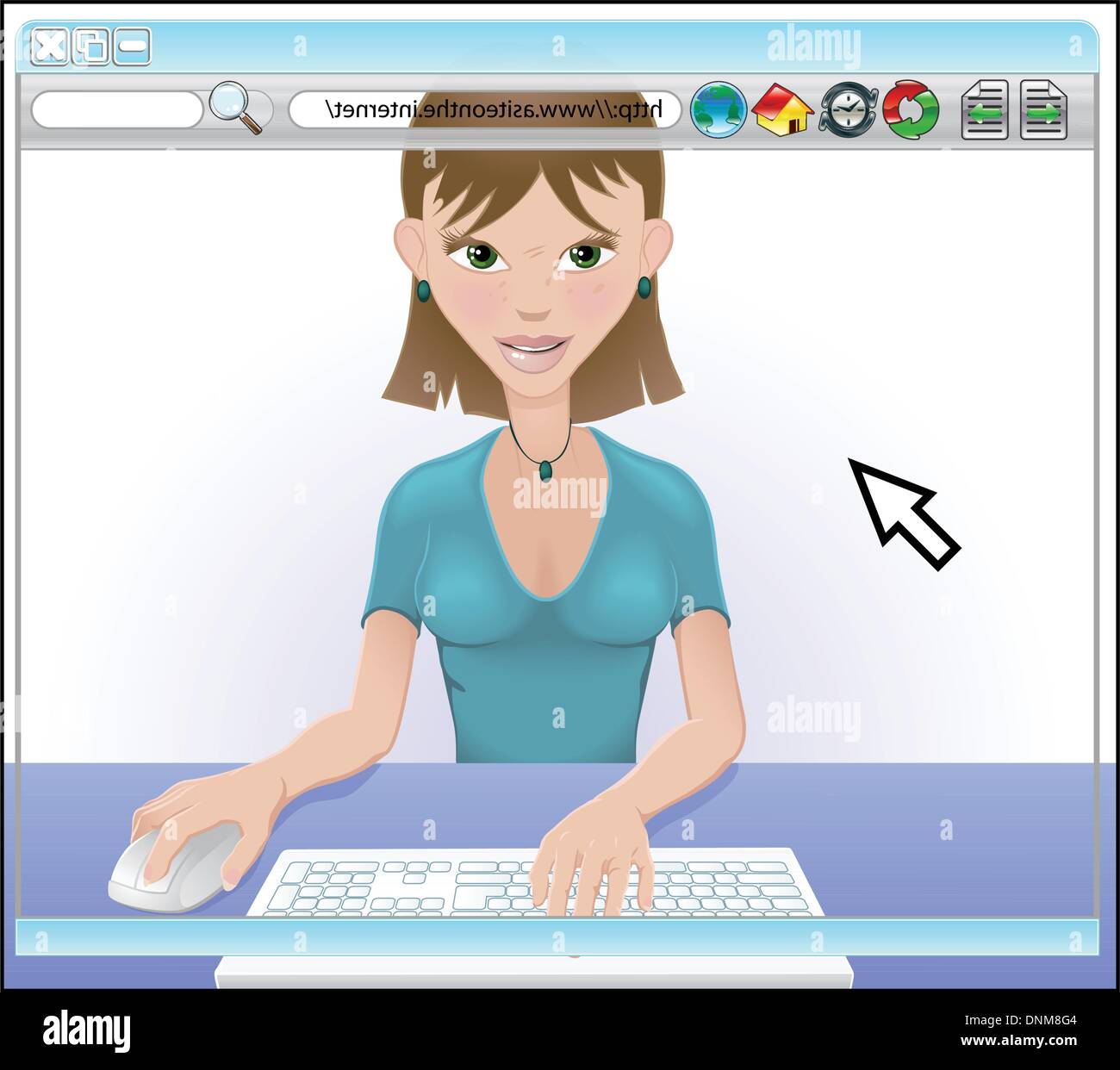 An attractive young woman surfing the internet. View from behind screen. Stock Vector
