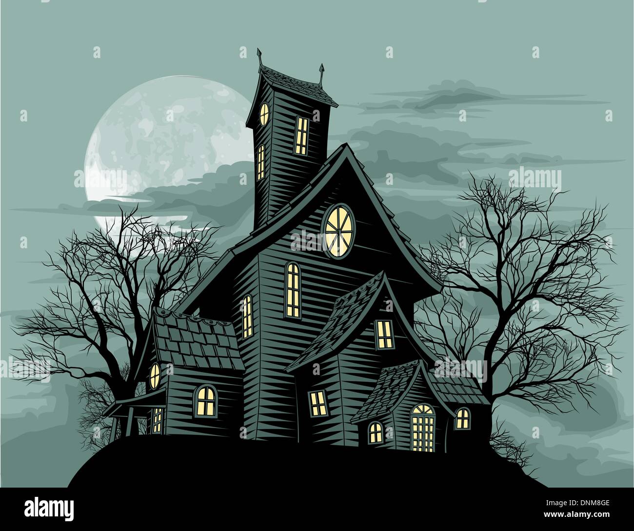 Halloween scene. Illustration of a spooky haunted ghost house Stock Vector