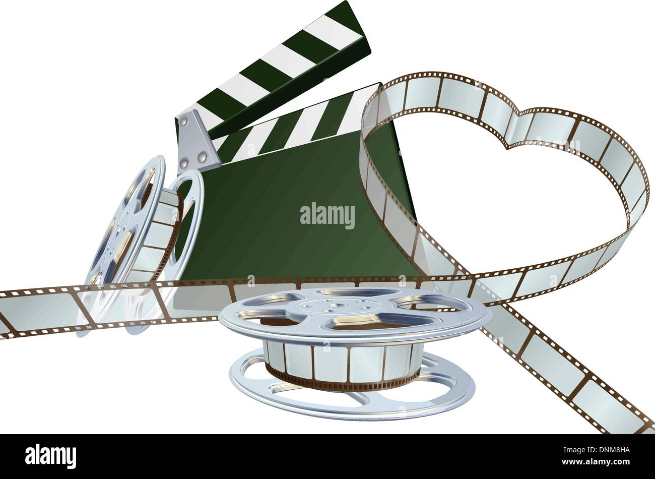 Film strip forming heart shape with clapper board and reels. Space for copy in the centre. Stock Vector