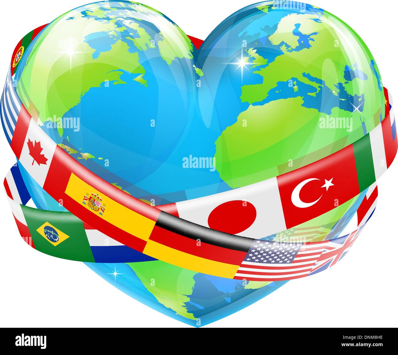 An illustration of a heart shaped world earth globe with the flags of many different countries flying around it. Stock Vector