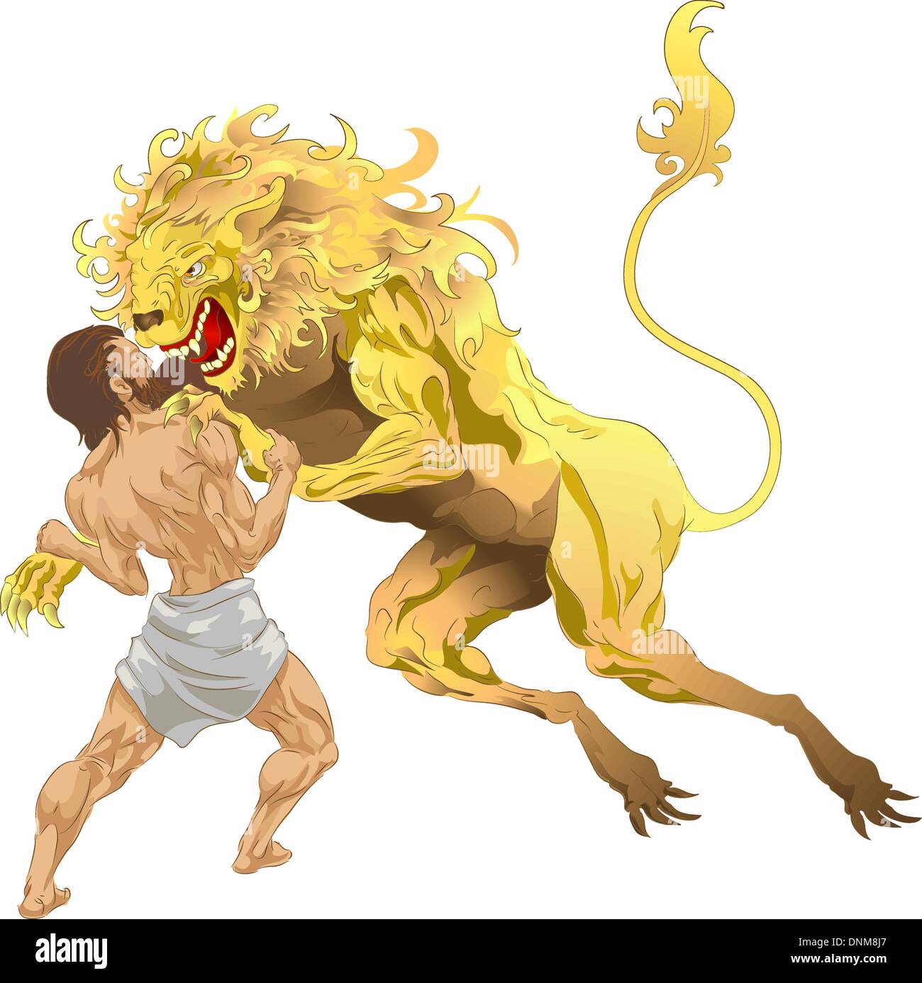 Hercules (Heracles, Herakles) from classical mythology fighting the Nemean lion, the first of his labours. No meshes used. Stock Vector