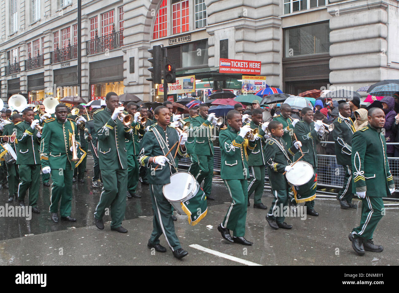London,UK,1st January 2014,Kimbaguist Brass  Band marching at the London's New Year's Day Parade 201 Credit: Keith Larby/Alamy Live News Stock Photo