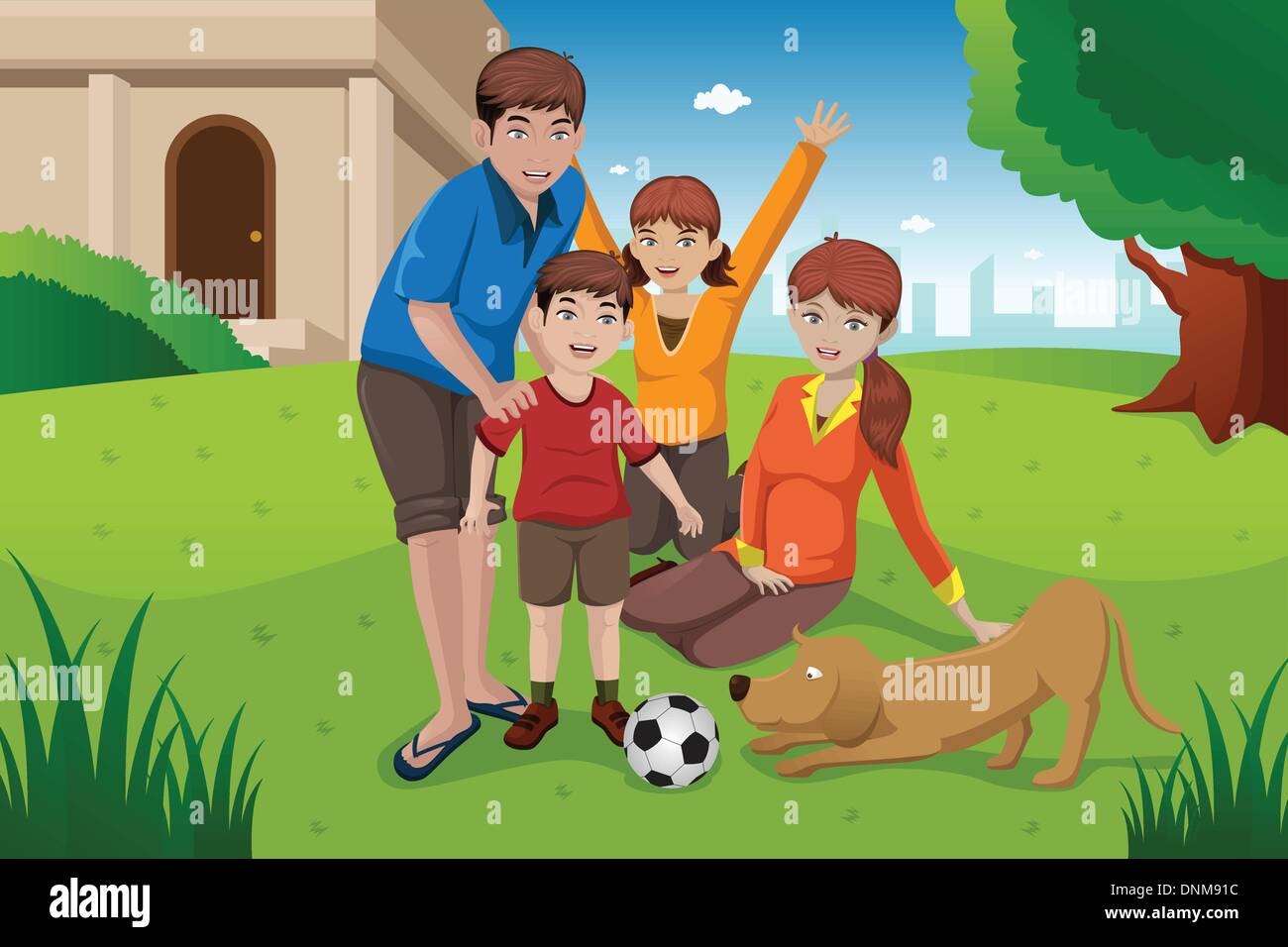 A vector illustration of happy family having fun with their pet outside their house Stock Vector