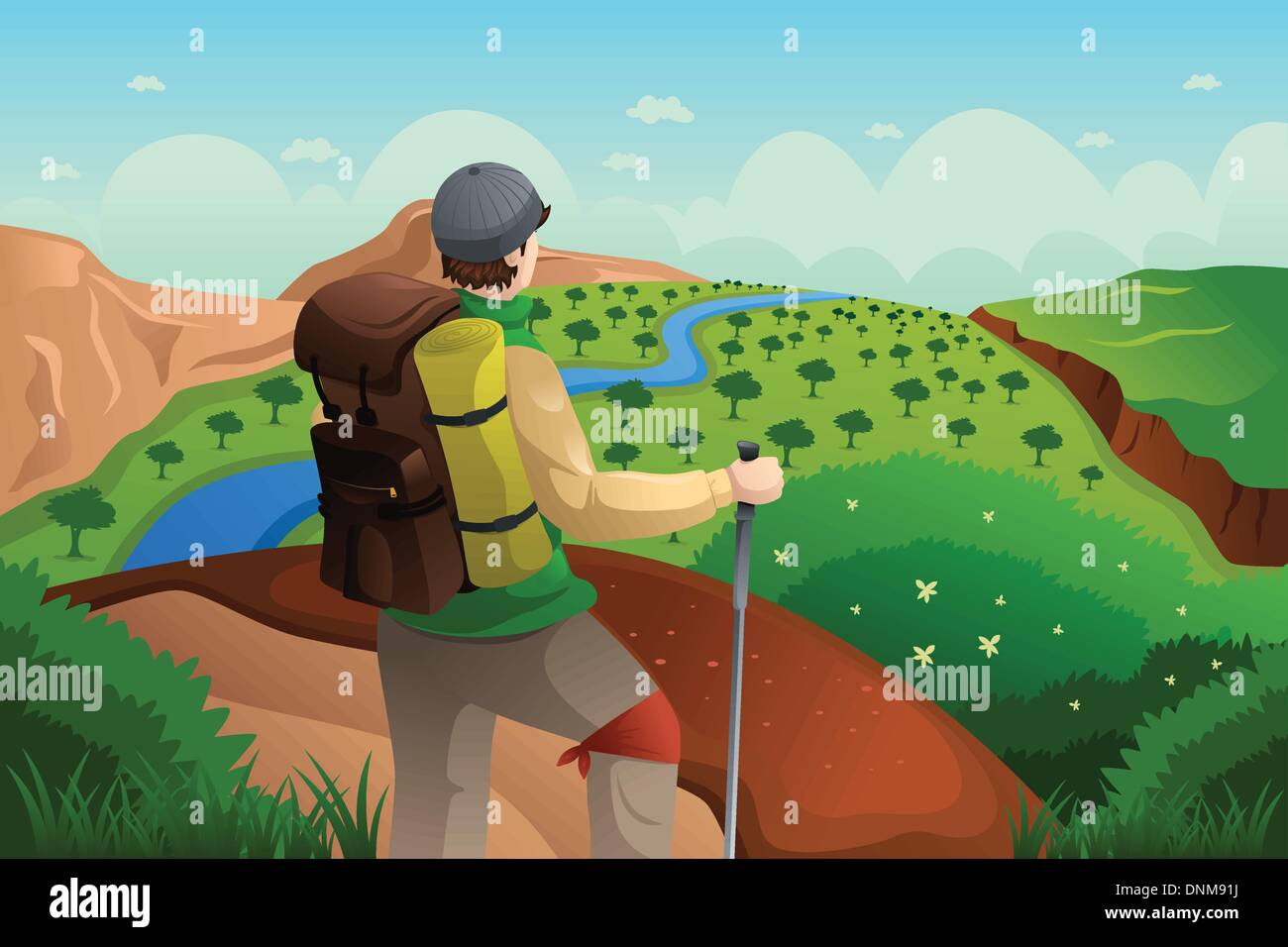 A vector illustration of hiker with backpack standing on top of mountain  Stock Vector Image & Art - Alamy