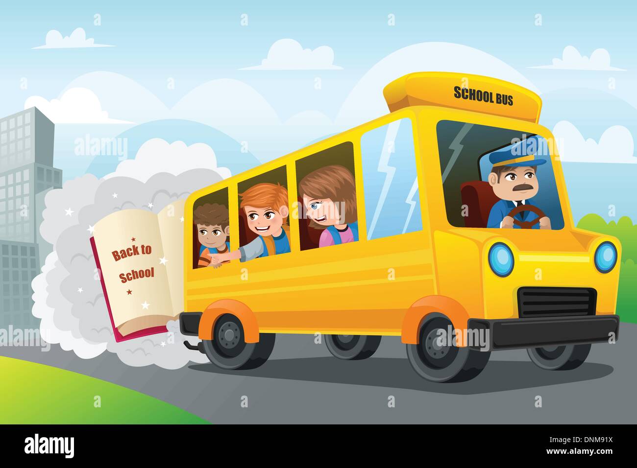 A vector illustration of kids riding school bus back to school Stock Vector