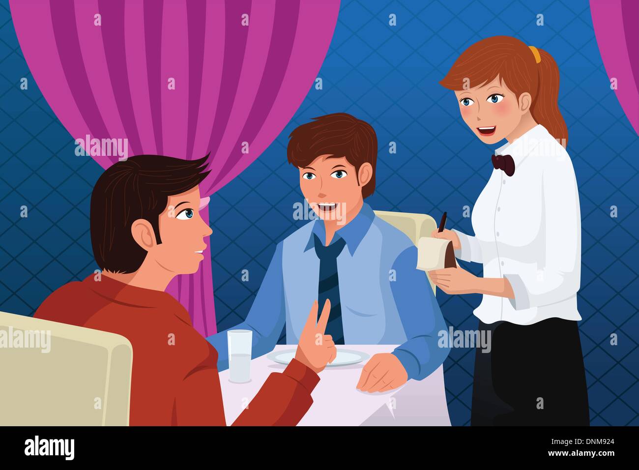 A vector illustration of a waiter in a restaurant serving customers Stock Vector