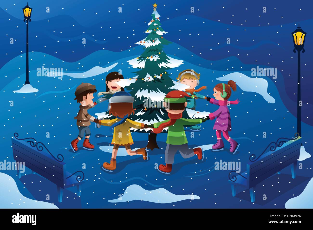 A vector illustration of group of happy kids skating around a Christmas tree Stock Vector