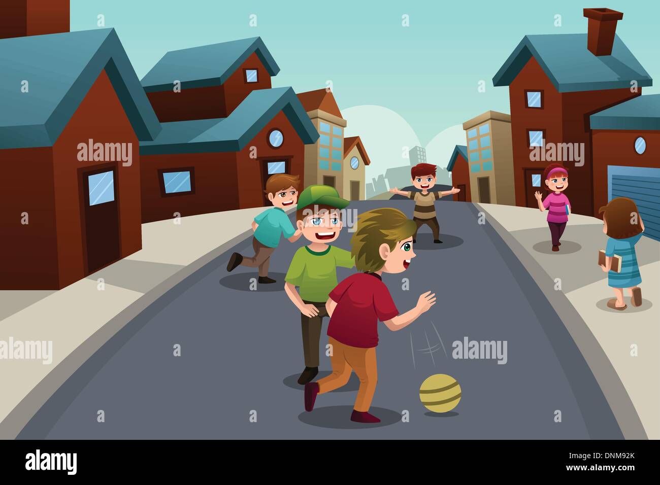 A vector illustration of happy kids playing in the street of a suburban neighborhood Stock Vector