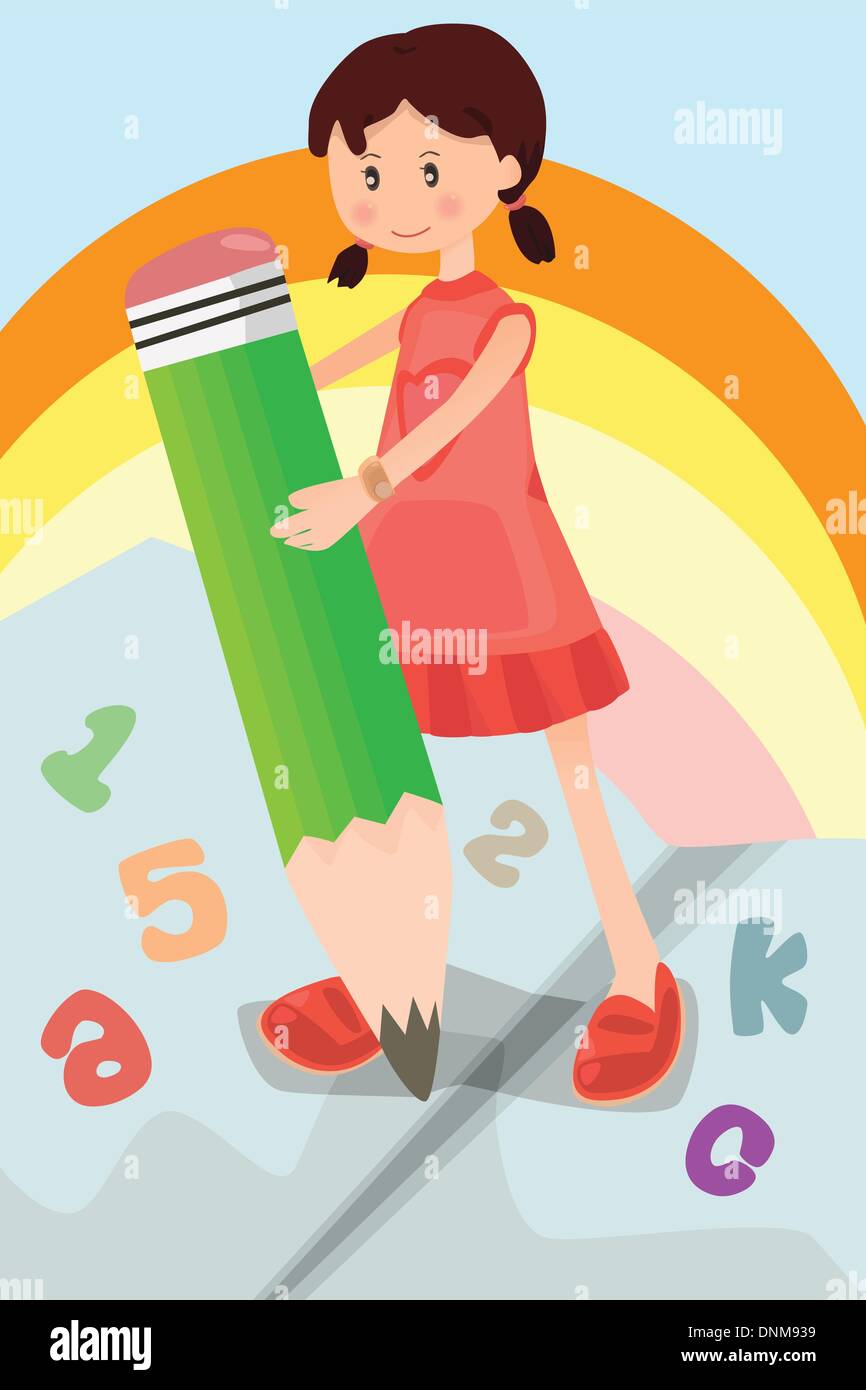 A vector illustration of a school girl holding a pencil writing letters