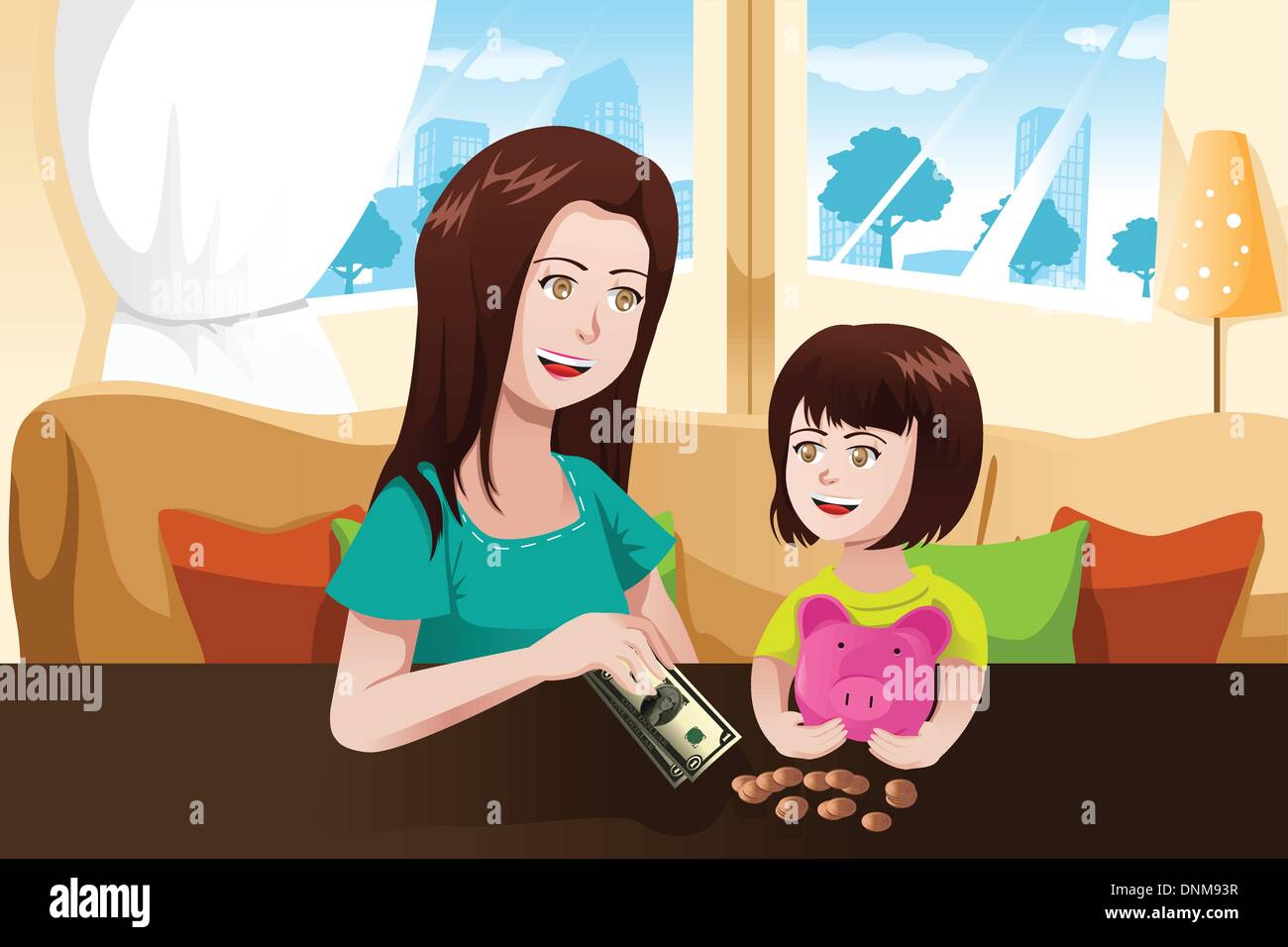 A vector illustration of beautiful mother giving money to her daughter and saving it to a piggy bank Stock Vector