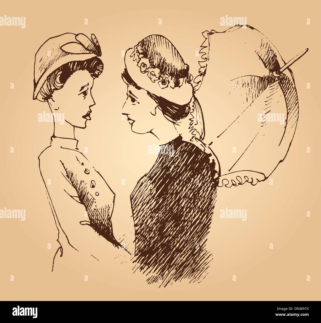 vintage drawing illustration of two women talking Stock Vector Image & Art  - Alamy