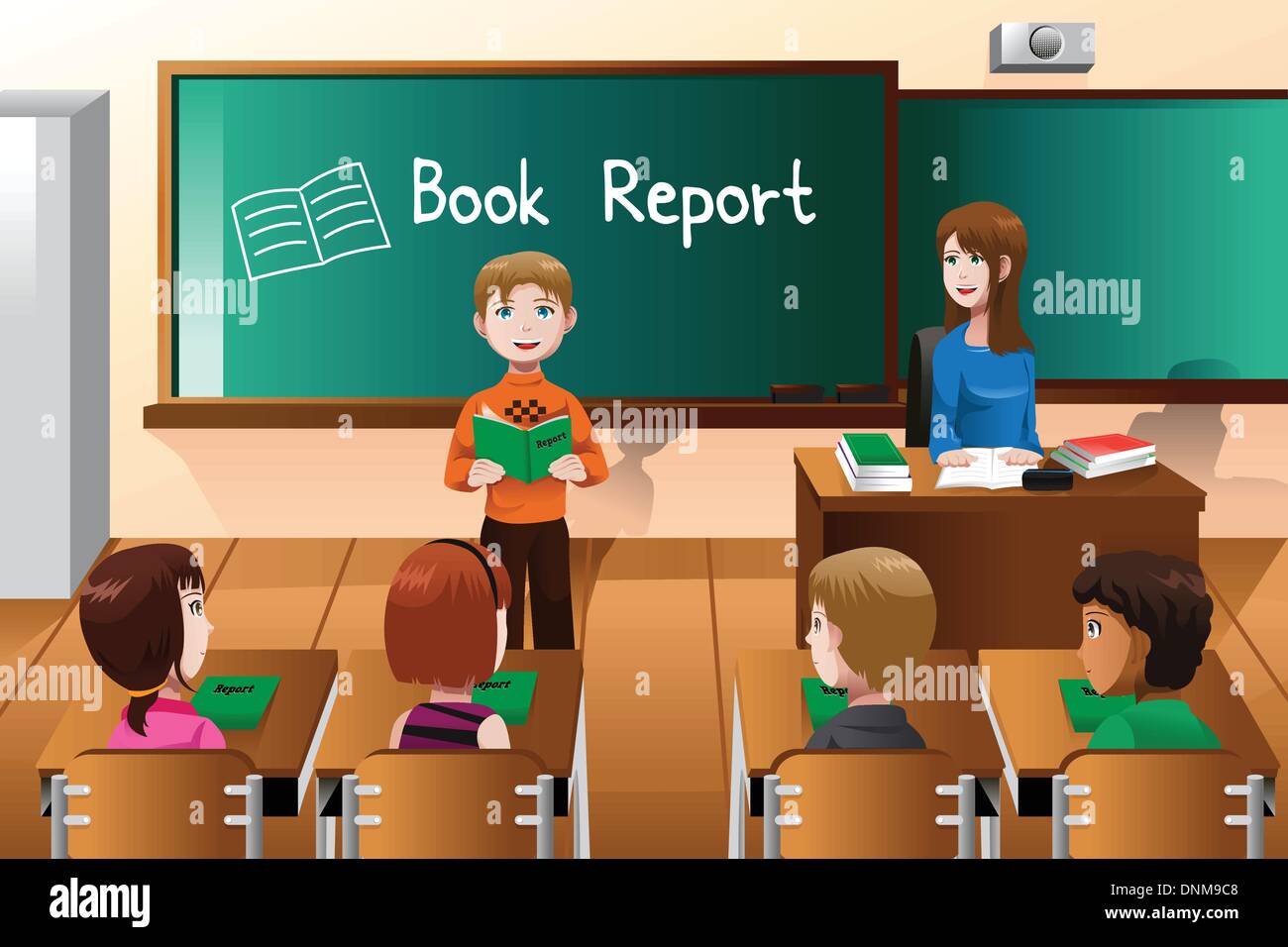 A vector illustration of student doing a book report in front of the class Stock Vector