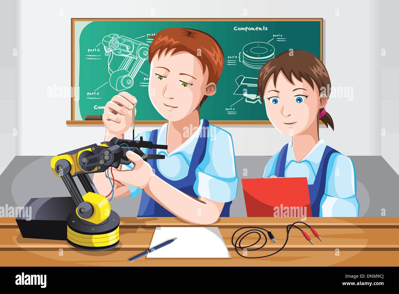 A vector illustration of students building a robot in class Stock Vector