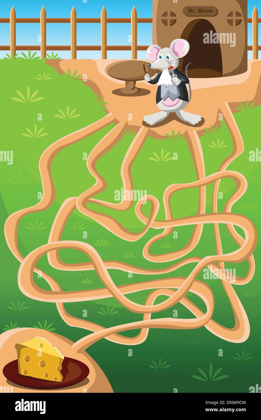 A vector illustration of a mouse needing to go through maze to get to the cheese Stock Vector