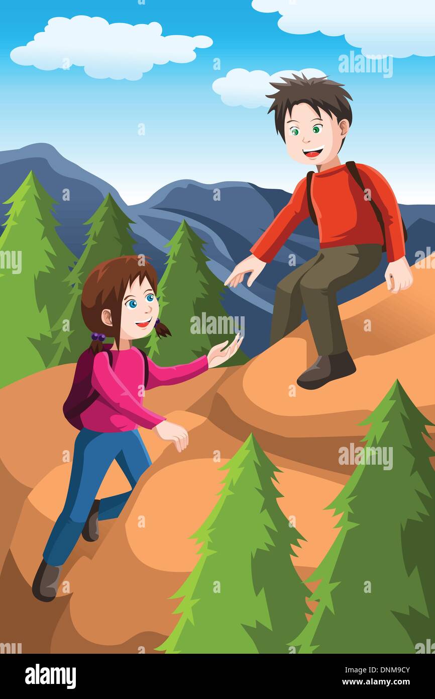 A vector illustration of kids hiking in the forest Stock Vector