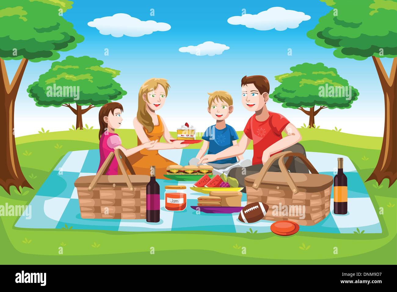 Happy Family Enjoying Picnic on Meadow in Park Cartoon Vector Illustration.  Parents Having Fun, Lunching, Playing with Kids on Weekend Leisure. Dinner  on Nature, Summer Vacations, Outdoor Activities Stock Vector