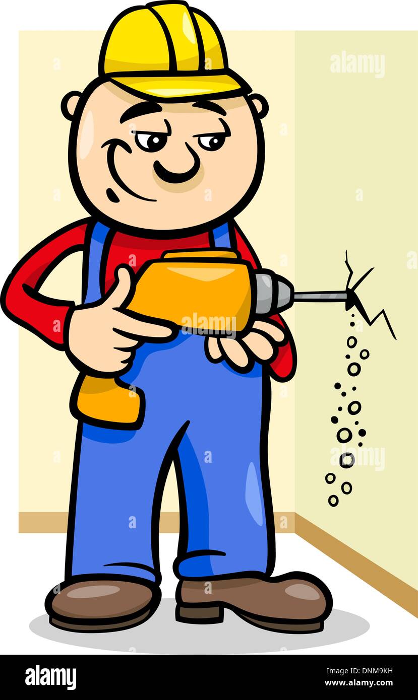 Cartoon Illustration of Man Worker or Workman Drilling with Electric
