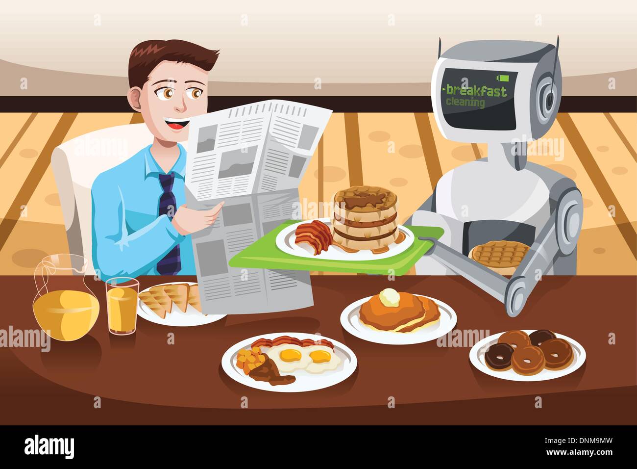 A vector illustration of a robot serving breakfast Stock Vector
