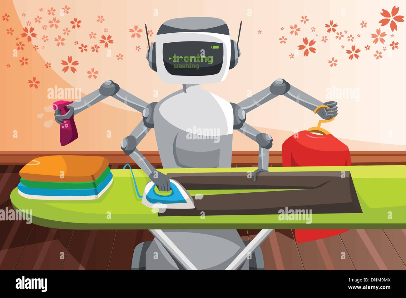 A vector illustration of a robot ironing clothes Stock Vector