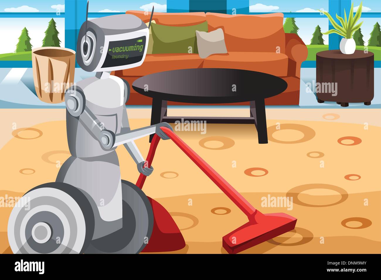 A vector illustration of a robot vacuuming carpet Stock Vector