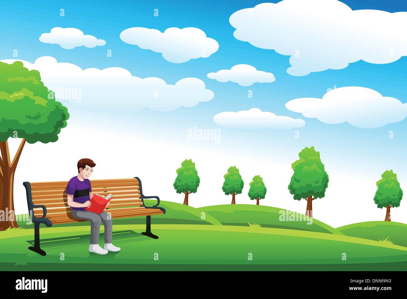 A vector illustration of a man reading a book in a park alone Stock Vector