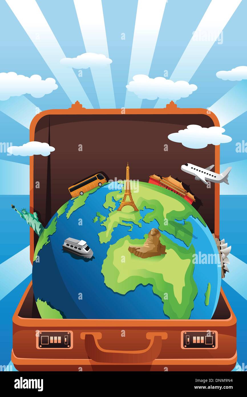 A vector illustration of suitcase with globe in it for travel concept Stock Vector