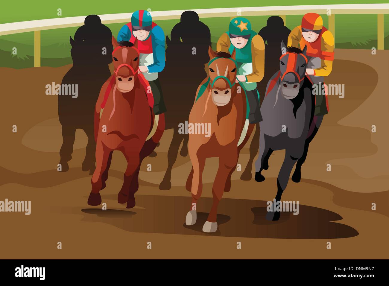 A vector illustration of horse racing in a track Stock Vector