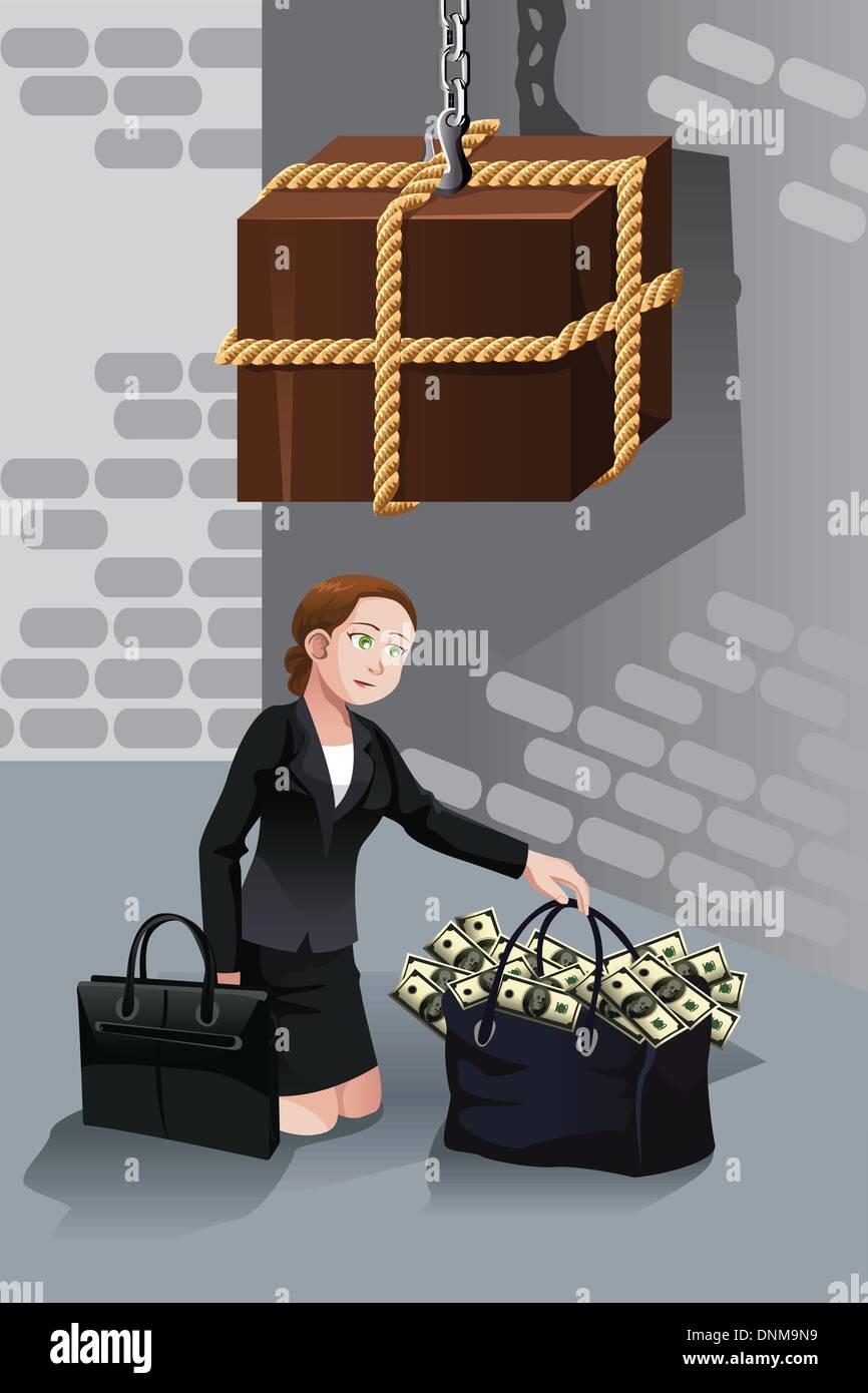 A vector illustration of business risk concept where a businesswoman trying to  take bag full of money Stock Vector