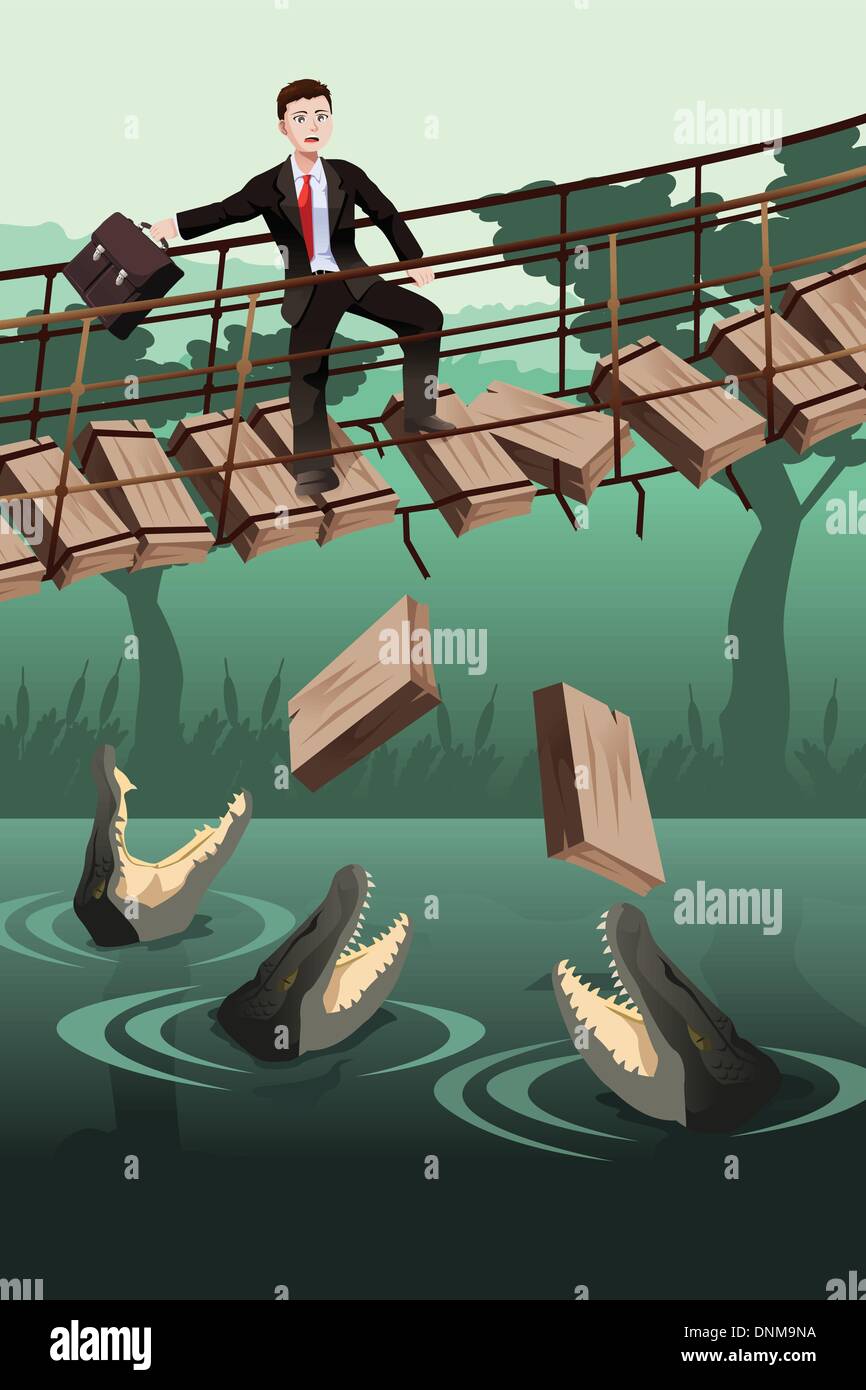A vector illustration of business risk concept where a businessman walking on a broken bridge with dangerous crocodiles undernea Stock Vector