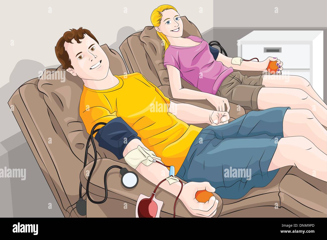 A vector illustration of  young  man and woman donating blood in a blood bank Stock Vector