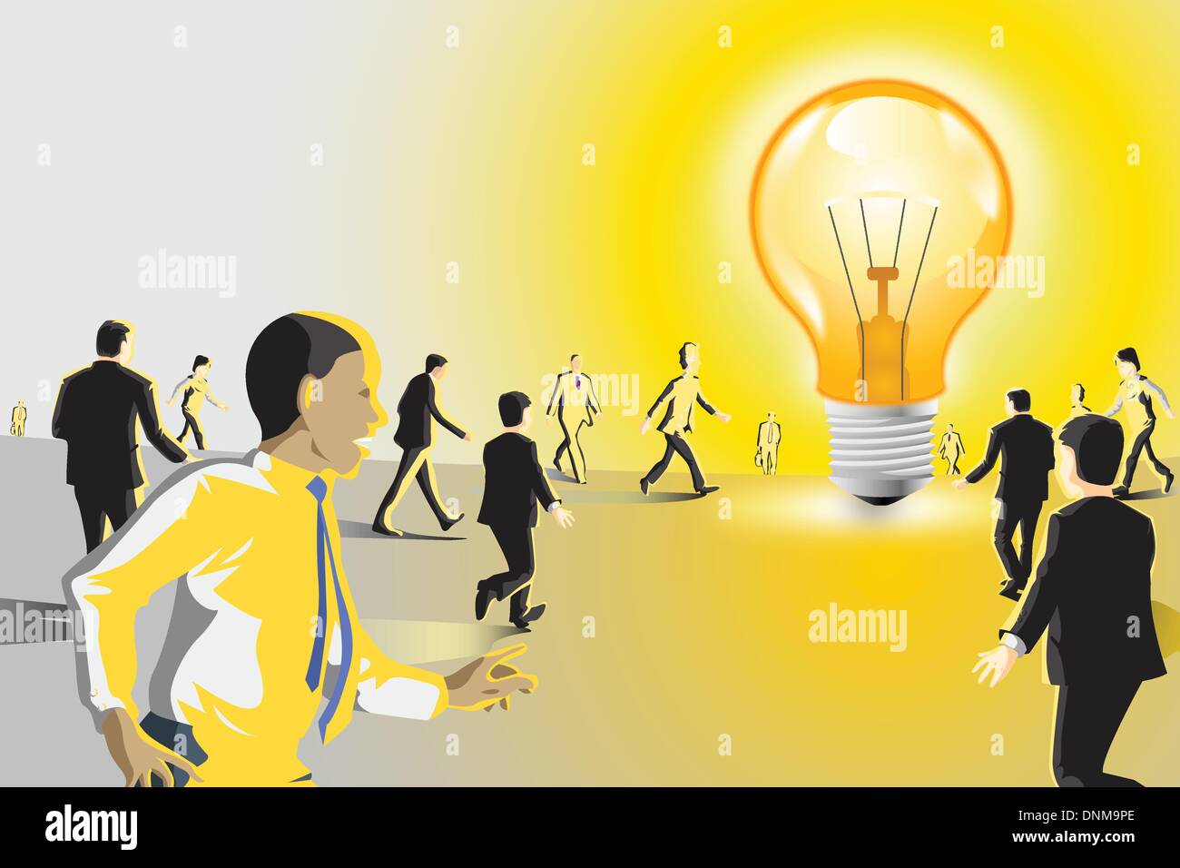 A vector illustration of business people walking toward a light bulb Stock Vector
