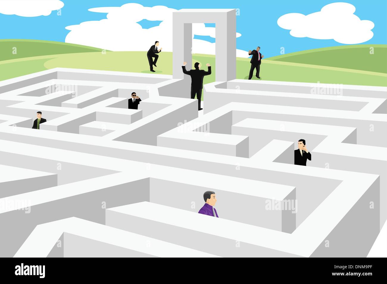 A vector illustration of a group of business people looking for a way out from labyrinth Stock Vector