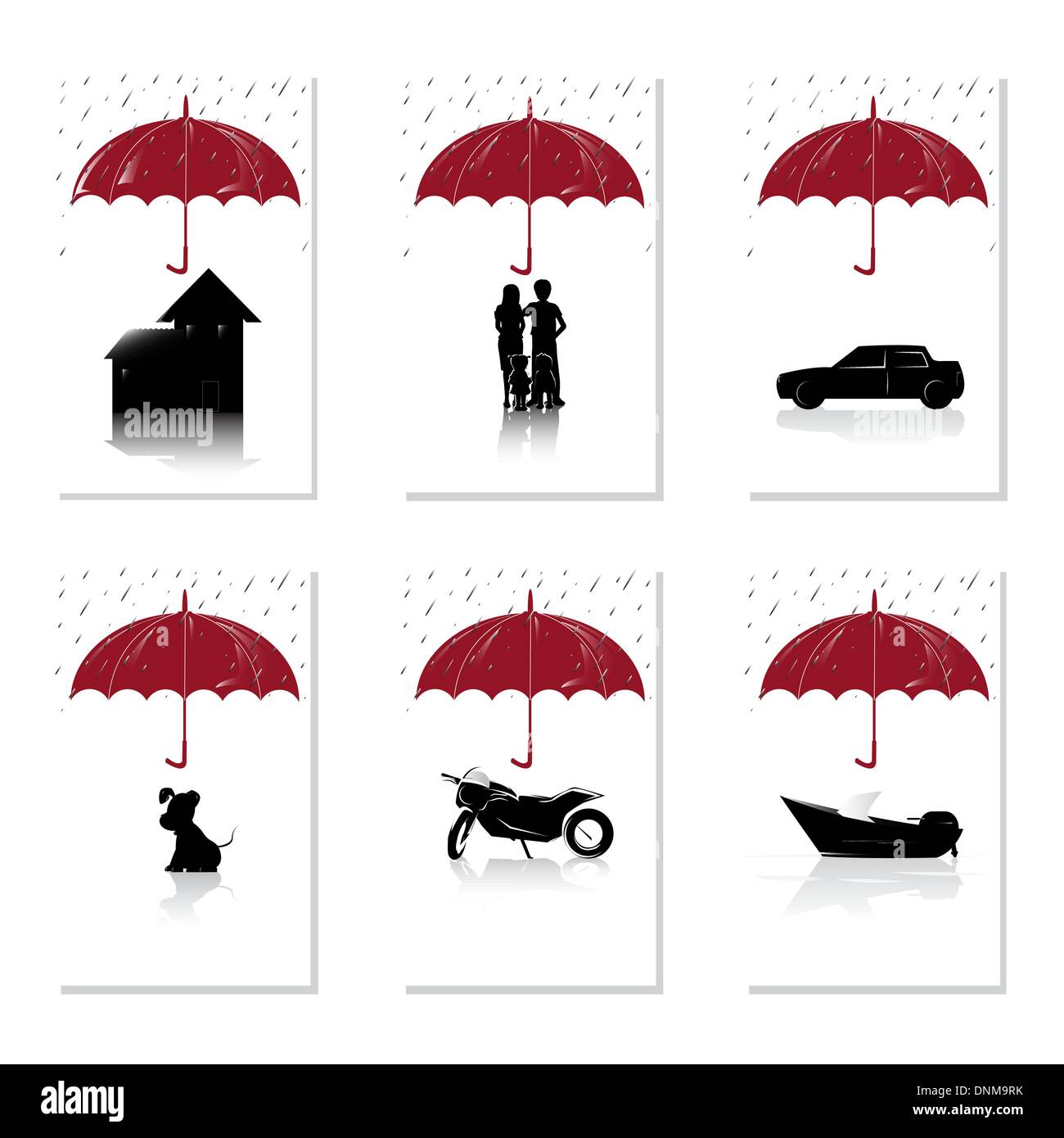 A vector illustration of a set of insurance concept for house, people, auto, pet, motorcyle and boat Stock Vector