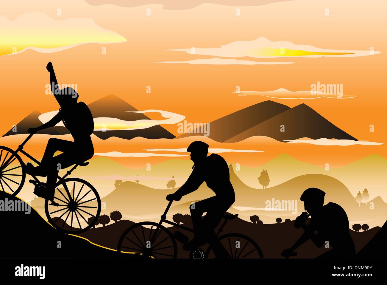 A vector illustration of a group of mountain bikers Stock Vector