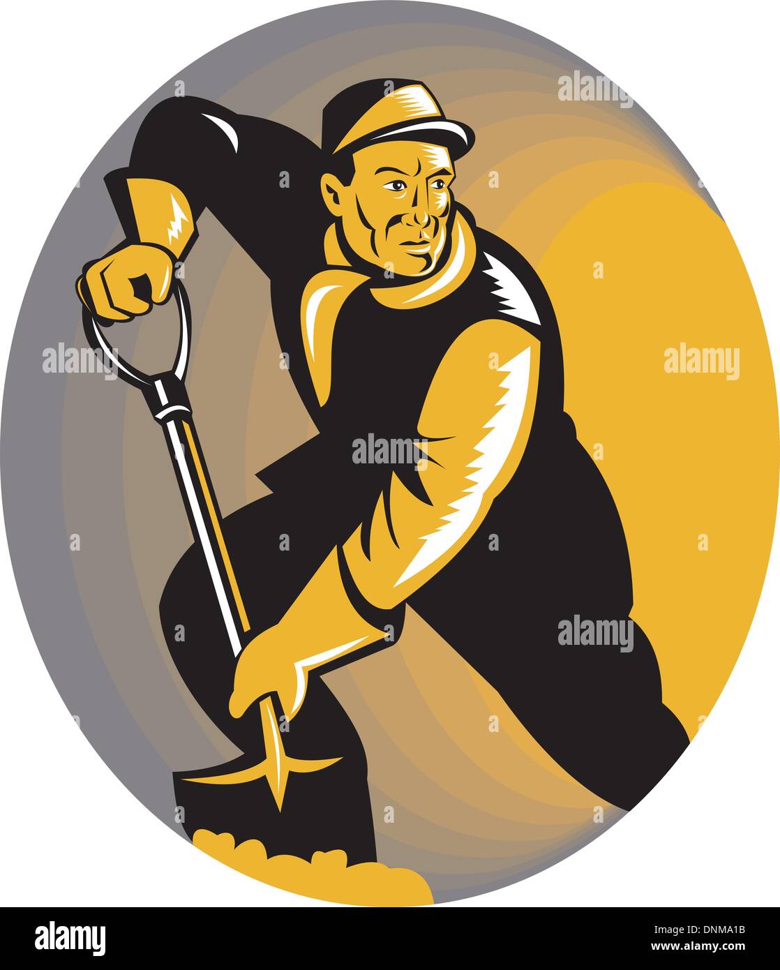 Illustration of a coal miner worker with shovel digging done in retro woodcut style. Stock Vector