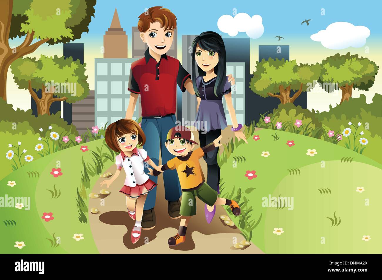 A vector illustration of a family walking in the park Stock Vector
