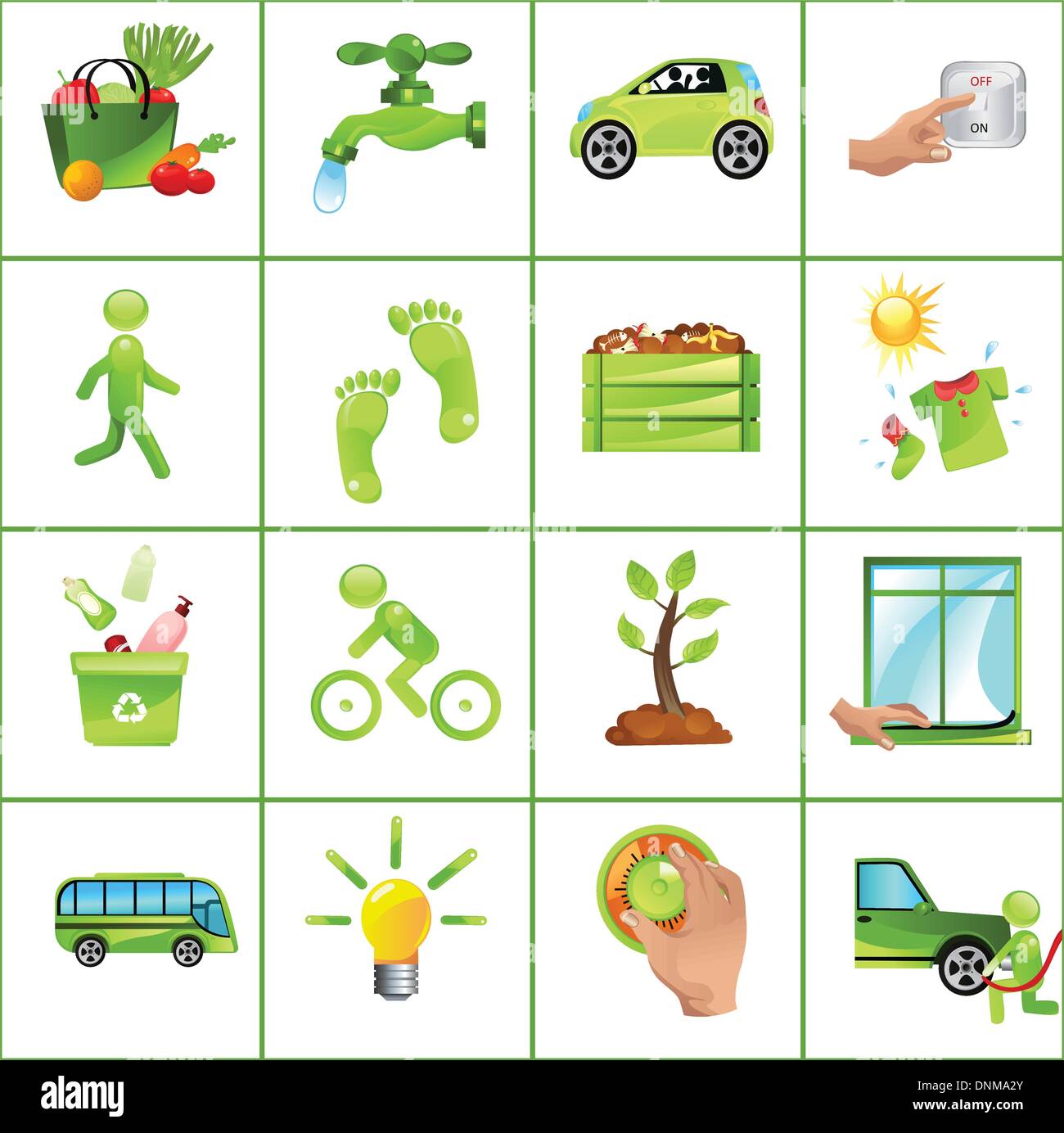 Vector illustration of GO GREEN concept: buy local produce, fix leaky faucets, carpool, turn off light, walk more, compost, dry Stock Vector