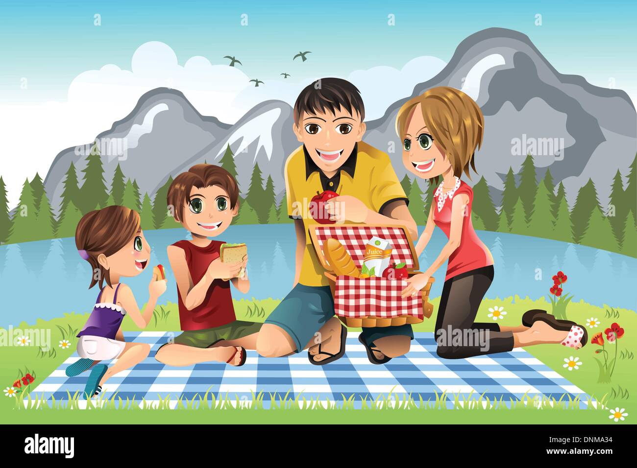 A vector illustration of a family having a picnic in a park Stock Vector