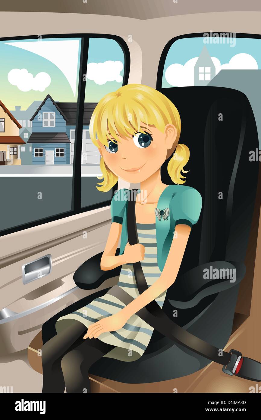 A vector illustration of a cute girl sitting on a car seat wearing seat belt Stock Vector