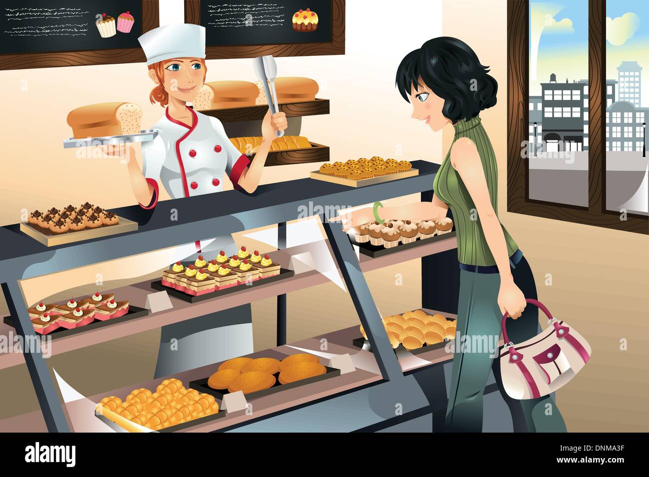 A vector illustration of a woman buying cake at a bakery store Stock