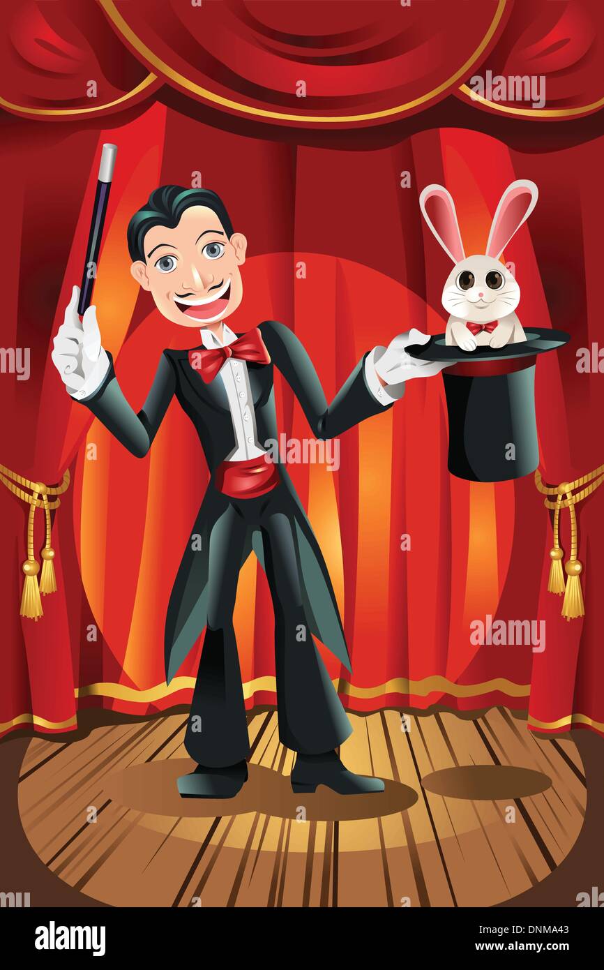 A vector illustration of a magician performing on a stage Stock Vector