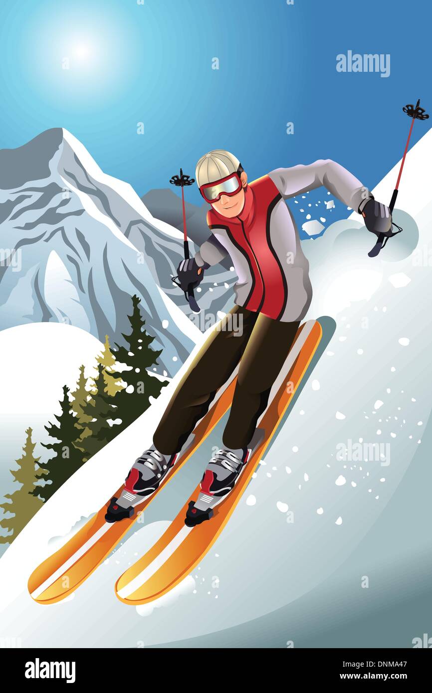 A vector illustration of a skier skiing in the mountain Stock Vector