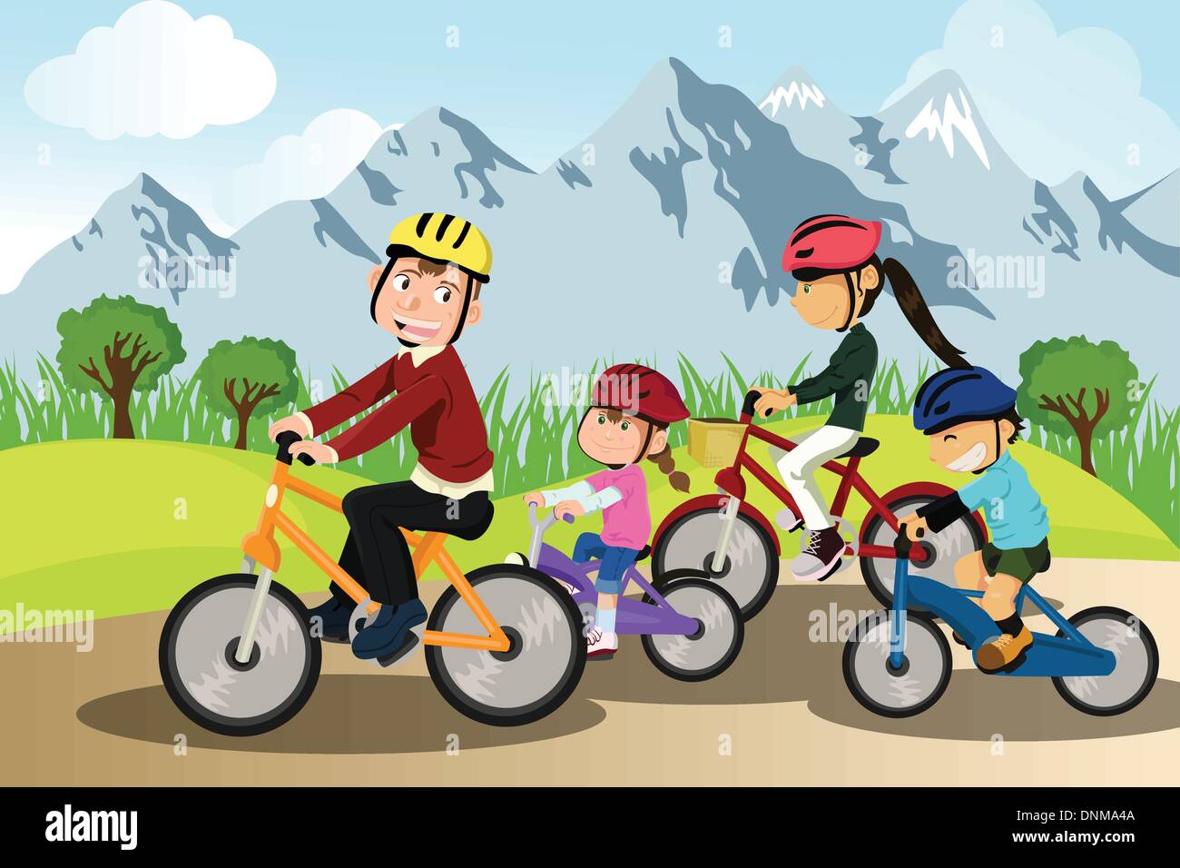 A vector illustration of a family biking together in a rural area Stock Vector