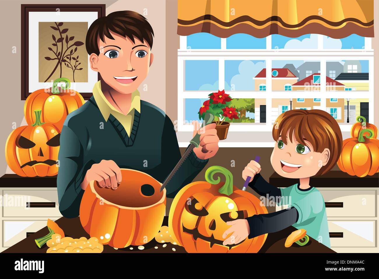 A vector illustration of a father and his son carving pumpkins for Halloween Stock Vector