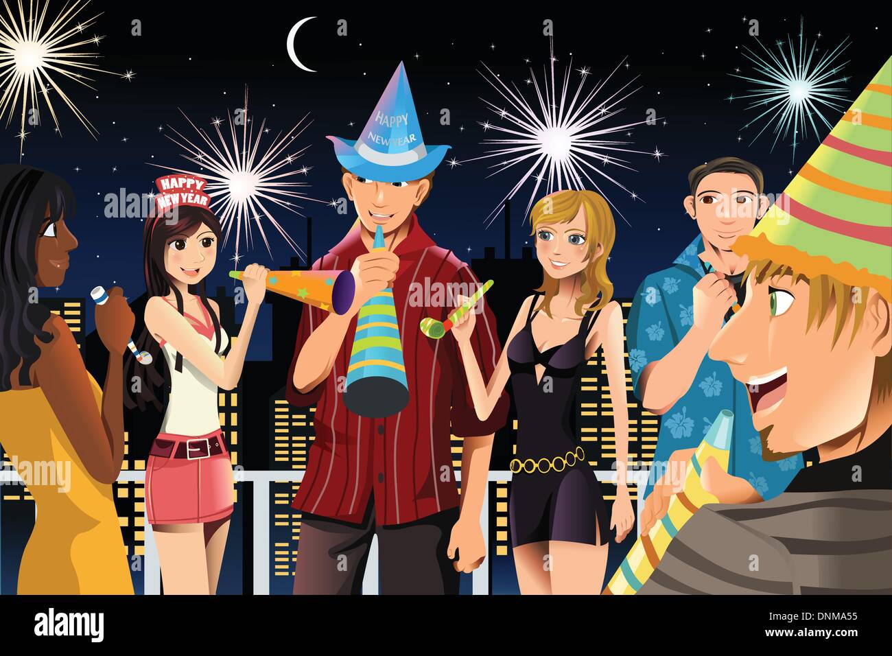 A vector of young people having New Year's celebration party Stock Vector