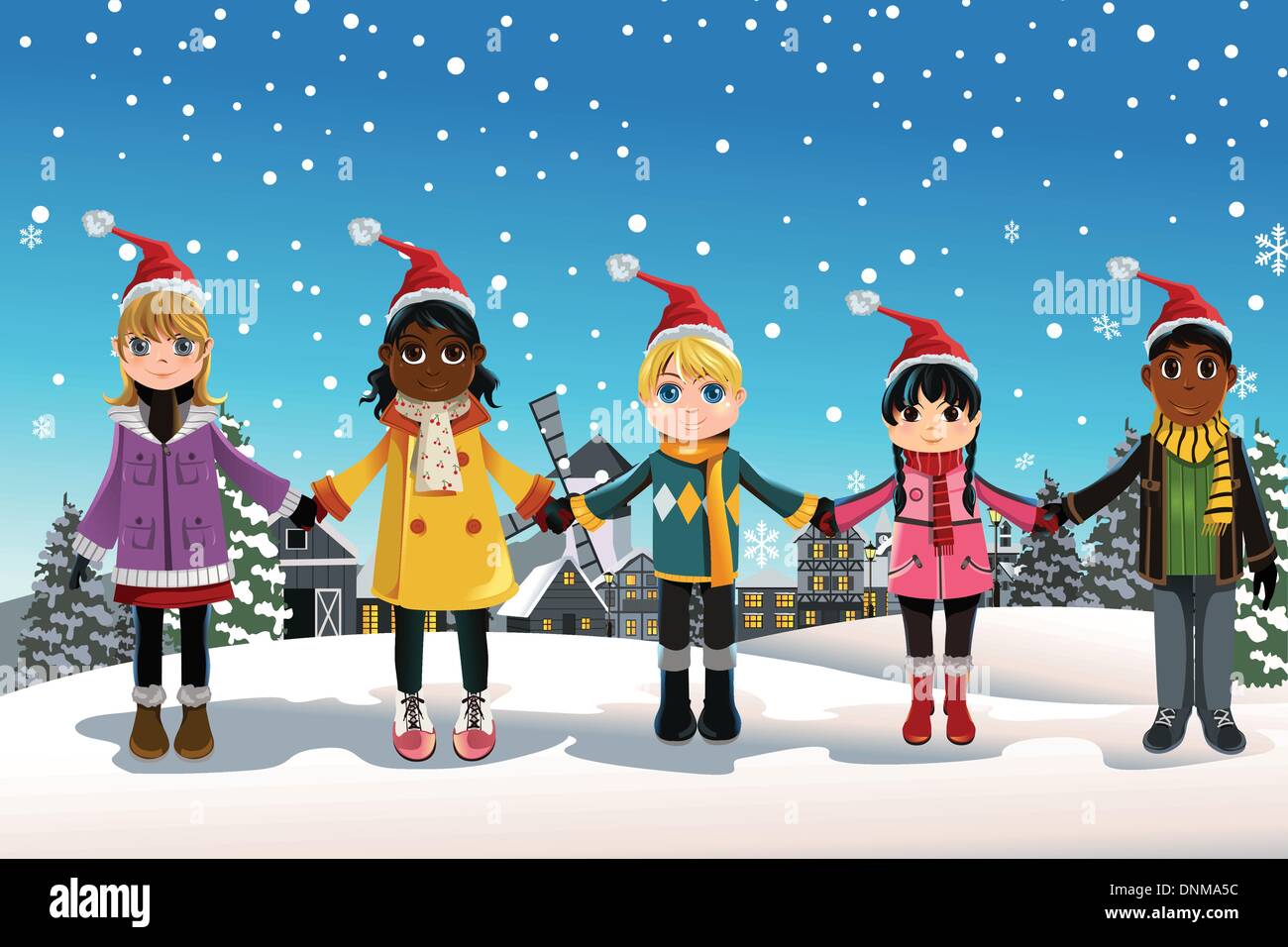 A vector illustration of multi-ethnic children holding hands celebrating Christmas Stock Vector