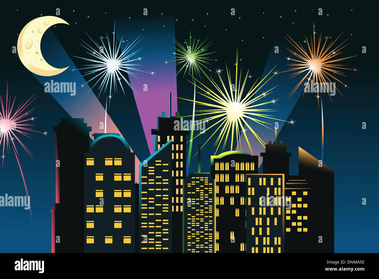 A vector illustration of fireworks in the city Stock Vector