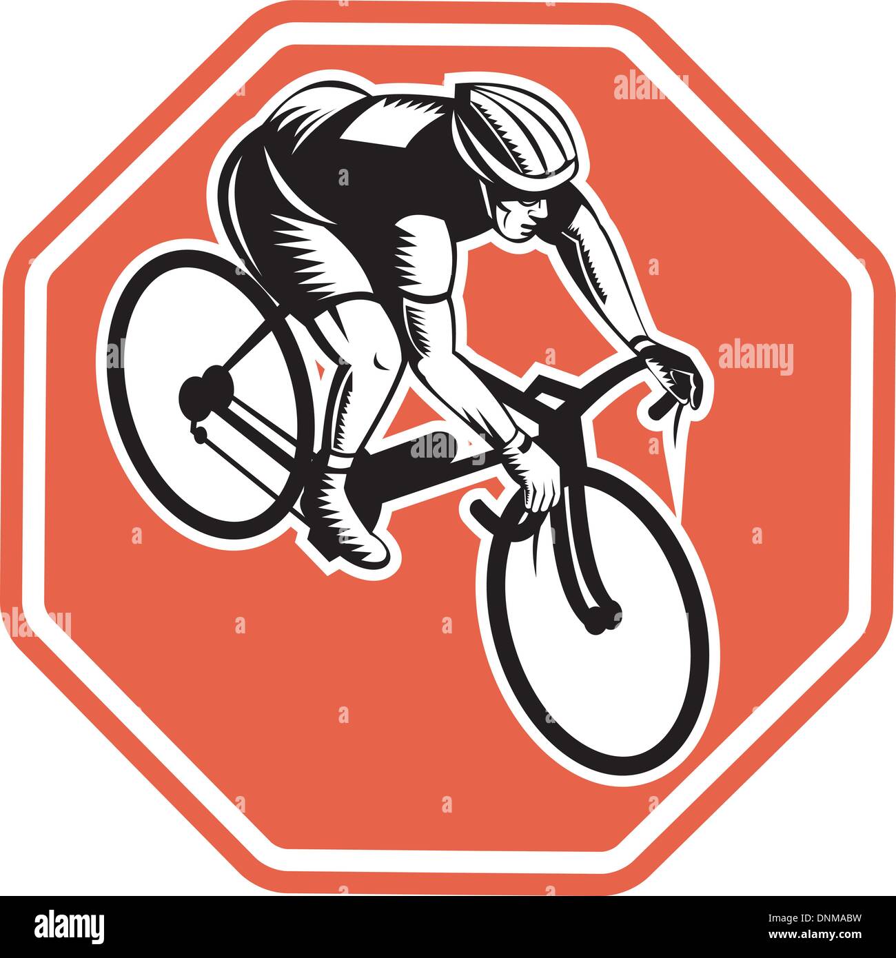 illustration of a Cyclist racing bike set inside octagon viewed from high angle done in retro woodcut style Stock Vector